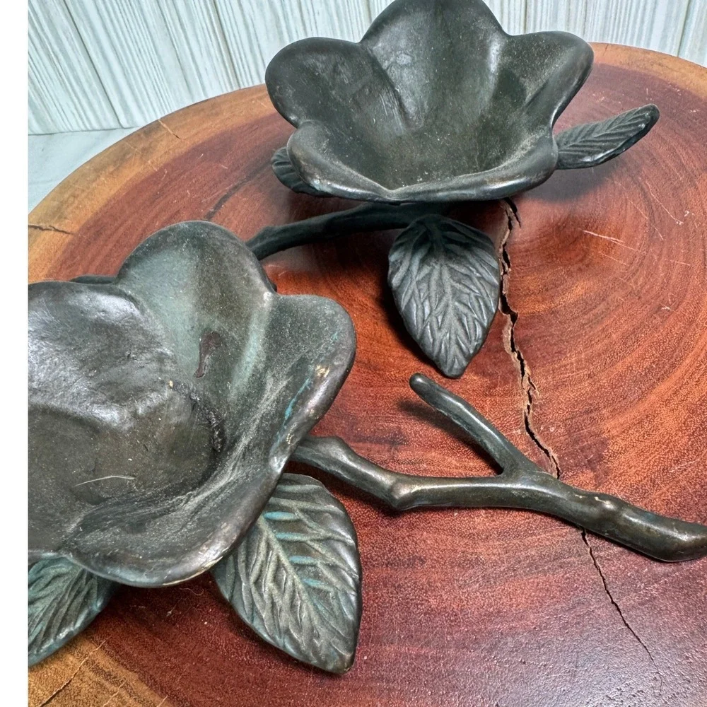 Bronze Magnolia Flower Branch Incense Cone Holders Pair Verdigris Patina Metal